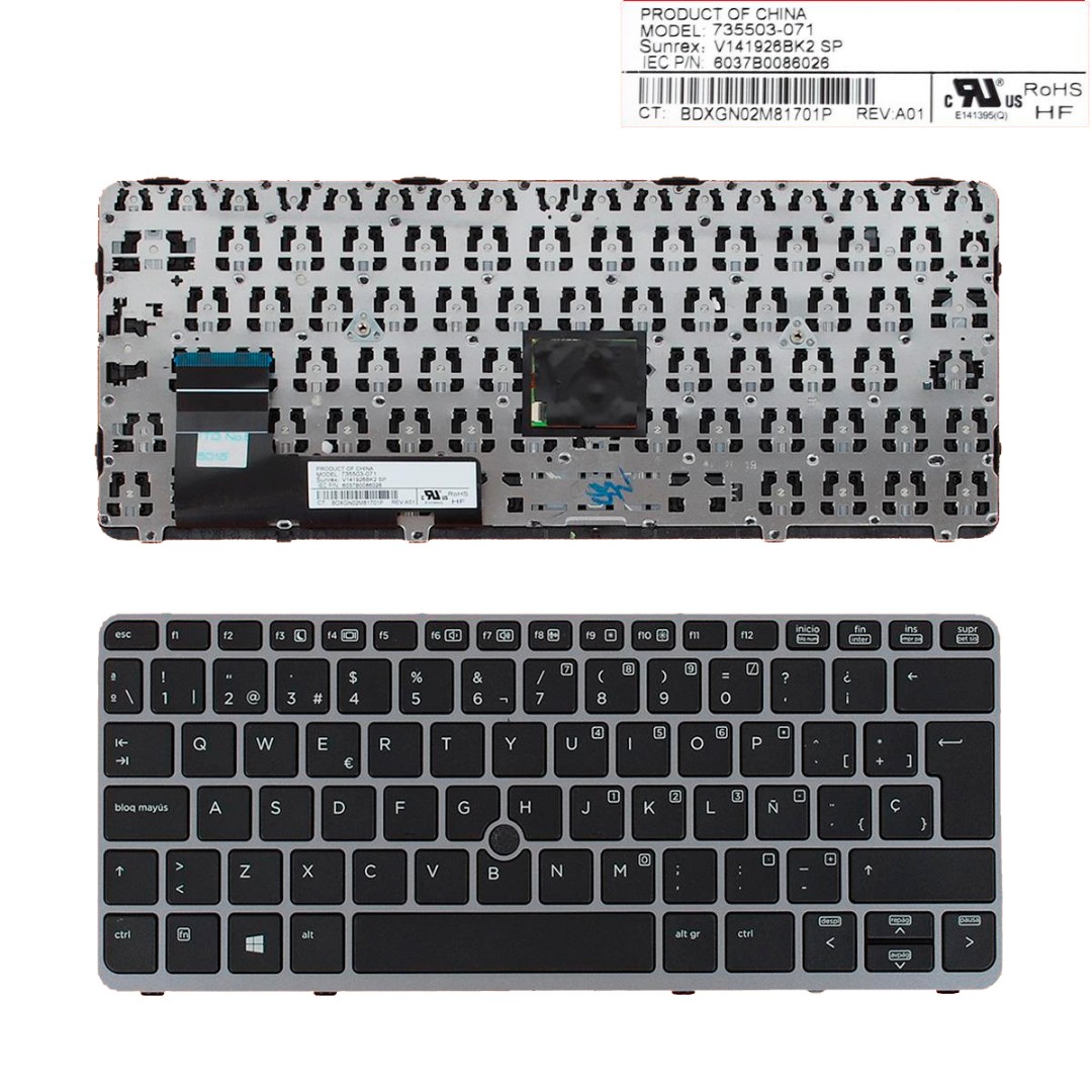 TECLADO LATINO HP ELITEBOOK 820 G1 820 G2 SERIES | FRAME GRIS POINTSTICK Y RETROILUMINADO | 735503-001 762585-161 776452-161 6037B0086001