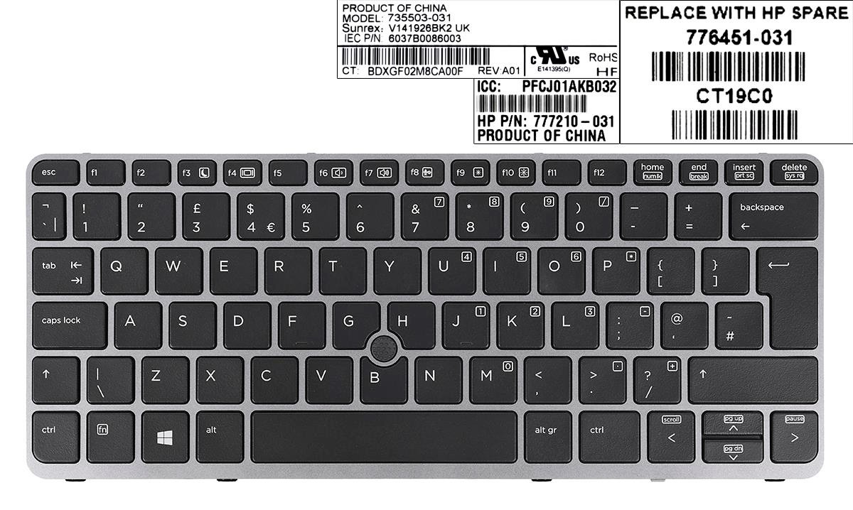 TECLADO UK HP ELITEBOOK 820 G1 820 G2 SERIES FRAME GRIS Y POINTSTICK | 735503-001 6037B0086001