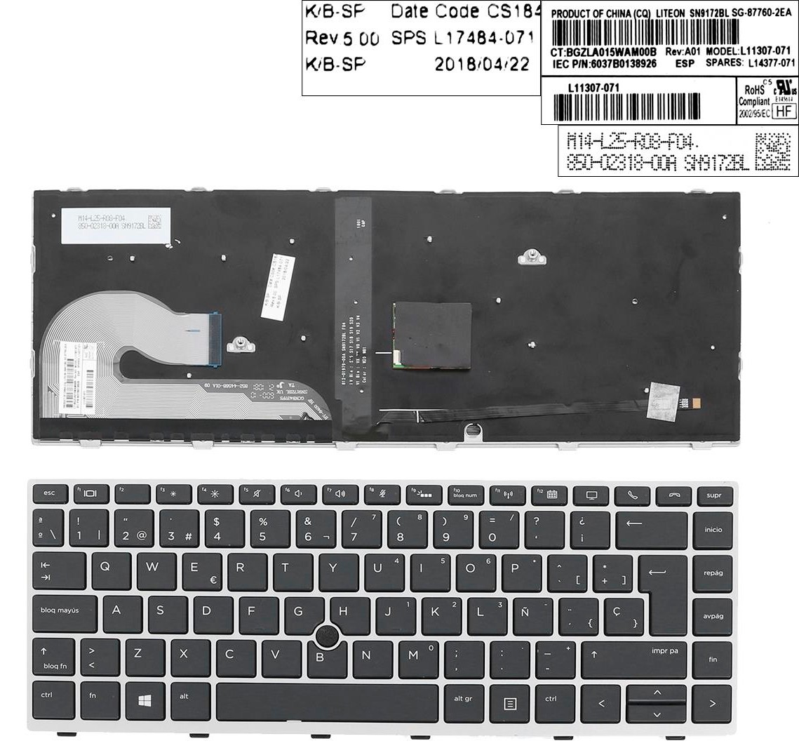 TECLADO ESPAÑOL HP ELITEBOOK 840 G5 SERIES CON MARCO GRIS RETROILUMINADO Y CON POINTSTICK · L14377-161 L11307-07 L17484-071